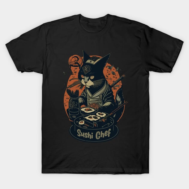 Retro Japanese-Inspired Feline Culinary Cat as Sushi Chef T-Shirt by star trek fanart and more